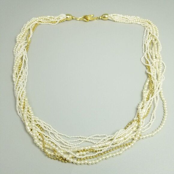 Vintage Faux Pearl and Gold Tone Multi Strand Long Beaded Necklace, Hook Clasp - Picture 7 of 7